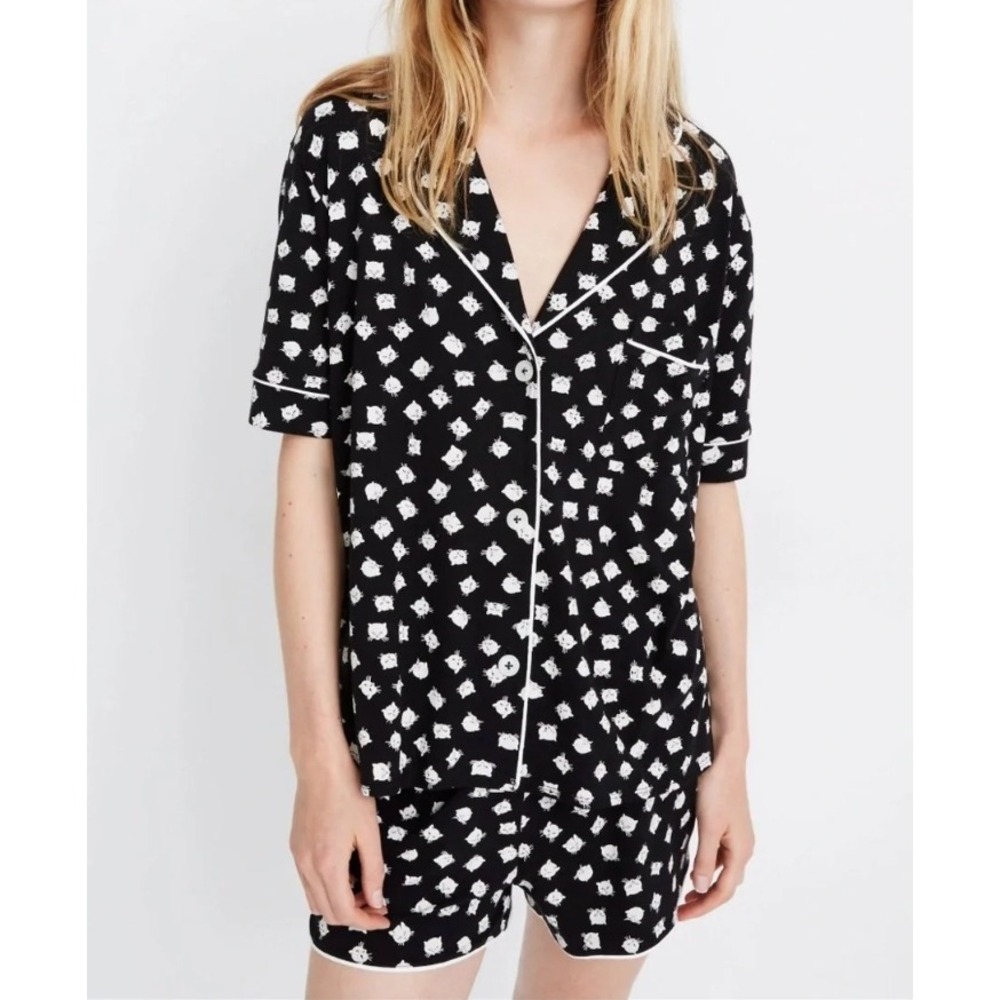 Madewell Bedtime Cat Person Pajama Set Knit Button Top Shorts Pima Cotton Med